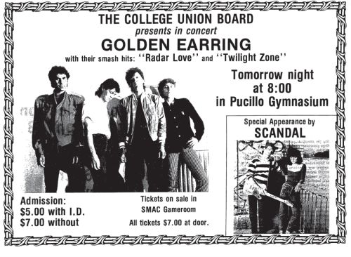 Golden Earring April 08 1983  Millersville State University with SCANDAL_Concert ad